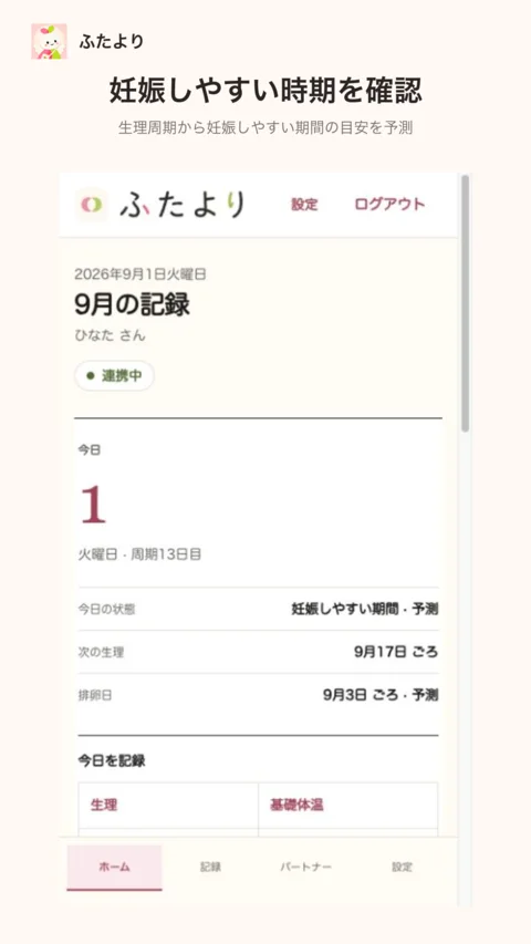 ふたよりのホーム画面。妊娠しやすい時期の予測を表示