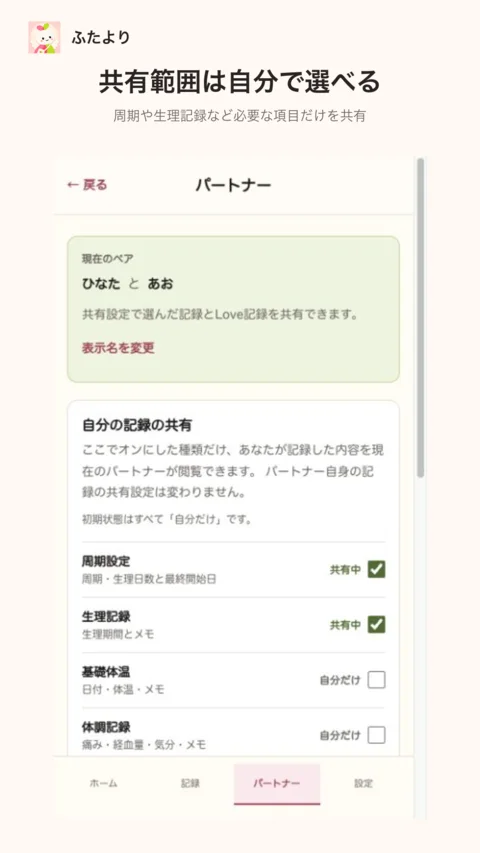ふたよりのパートナー共有設定画面